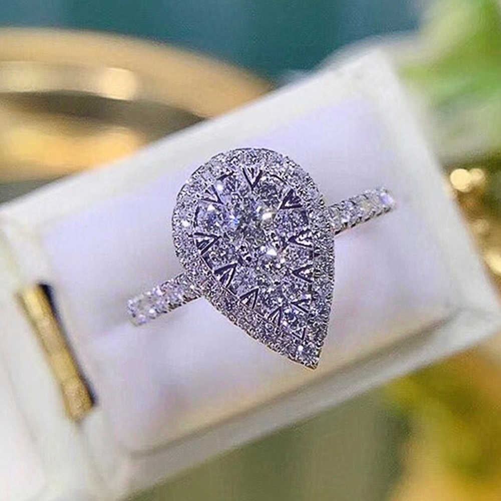 New 925 Silver Delicate Water Drop Pear Engagement Diamond Ring
